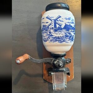 Vintage Blue and White Ceramic Coffee Grinder